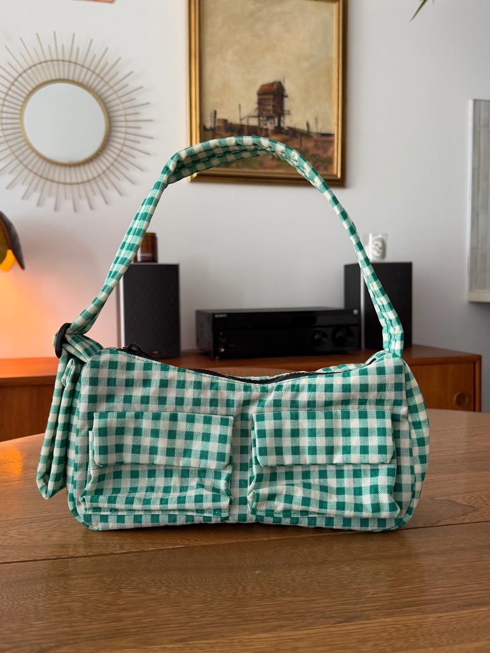 BAGGU Cargo Shoulder Bag - Green Gingham